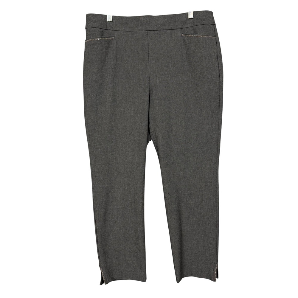 Chicos Pants 2.5‎ Womens 14 Gray Ankle Pull On Tummy Control Beaded Trim Slit